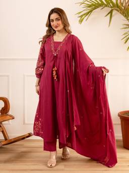 Autumnlane - Maroon Full Work Kurta with Pant and Dupatta Set