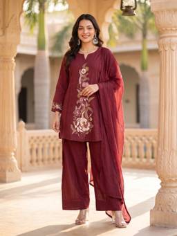 Autumnlane - Red Embroidered cotton Farshi Kurta with Pant and Dupatta Set
