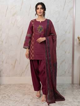 Autumnlane - Women Marron Cotton Farshi Kurta with Pant and Dupatta