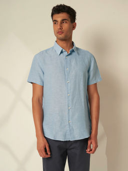 Selected - Blue Linen Cuban Collar Shirt