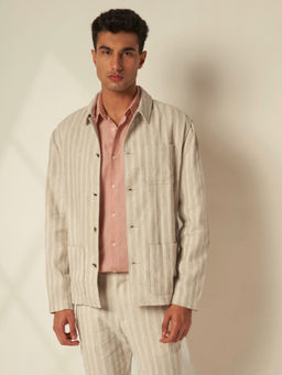 Selected - Beige Striped Cotton Overshirt