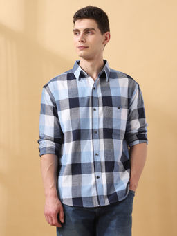 Dennis Lingo - Men Blue Checks Poly Cotton Spread Collar Full Sleeves Relaxed Fit Shirt