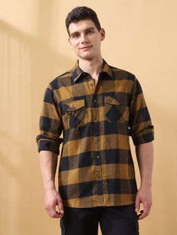 Dennis Lingo - Men Brown Checks Pure Cotton Spread Collar Full Sleeves Relaxed Fit Shirt