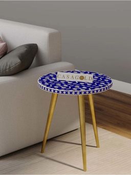 CasaGold - Blue Floral Three Leg Bone Inlay with Gold Legs Side Table