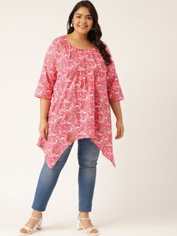 theRebelinme - Plus Size Womens Fuchsia Floral Printed Front Pleated Longline Top