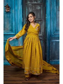 Tanoti - Usha Angarkha Full Yellow Angrakha Kurta with Pant and Dupatta
