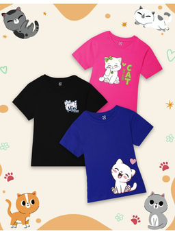 Nusyl - Multi-Color Cute Cat Printed Half Sleeves T-Shirts (Pack of 3)