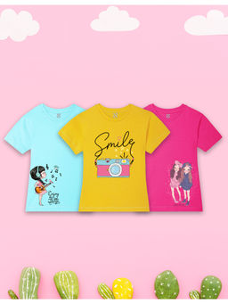 Nusyl - Multi-Color Cute Girls Printed Half Sleeves T-Shirts (Pack of 3)