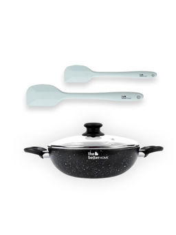 The Better Home - Kadhai With Glass Lid Black & 2 Spatula (Light Green)