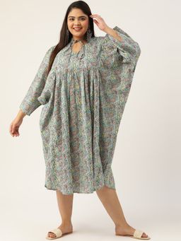 theRebelinme - Womens Grey Floral Printed Cotton Midi Dress