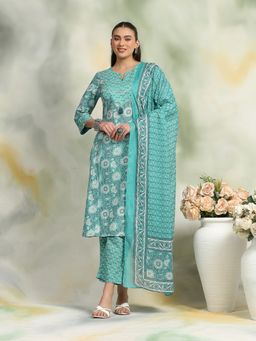 Nayam by lakshita - Green Floral Printed A-Line Kurta with Pant and Dupatta (Set of 3)