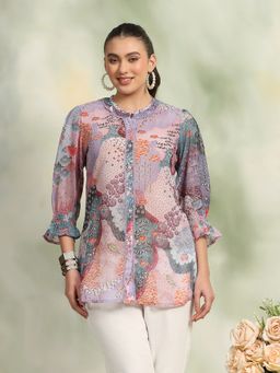 Nayam by lakshita - Womens Printed Front Open Tunic With Lace Detailing Peach
