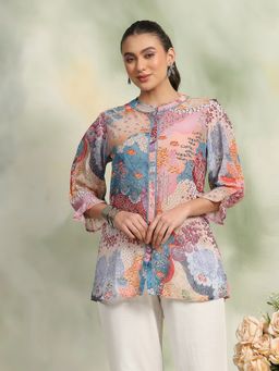 Nayam by lakshita - Womens Printed Front Open Tunic With Lace Detailing Pink