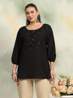 Nayam by lakshita - Women Black Solid Embroidered Tie Up Neck Top
