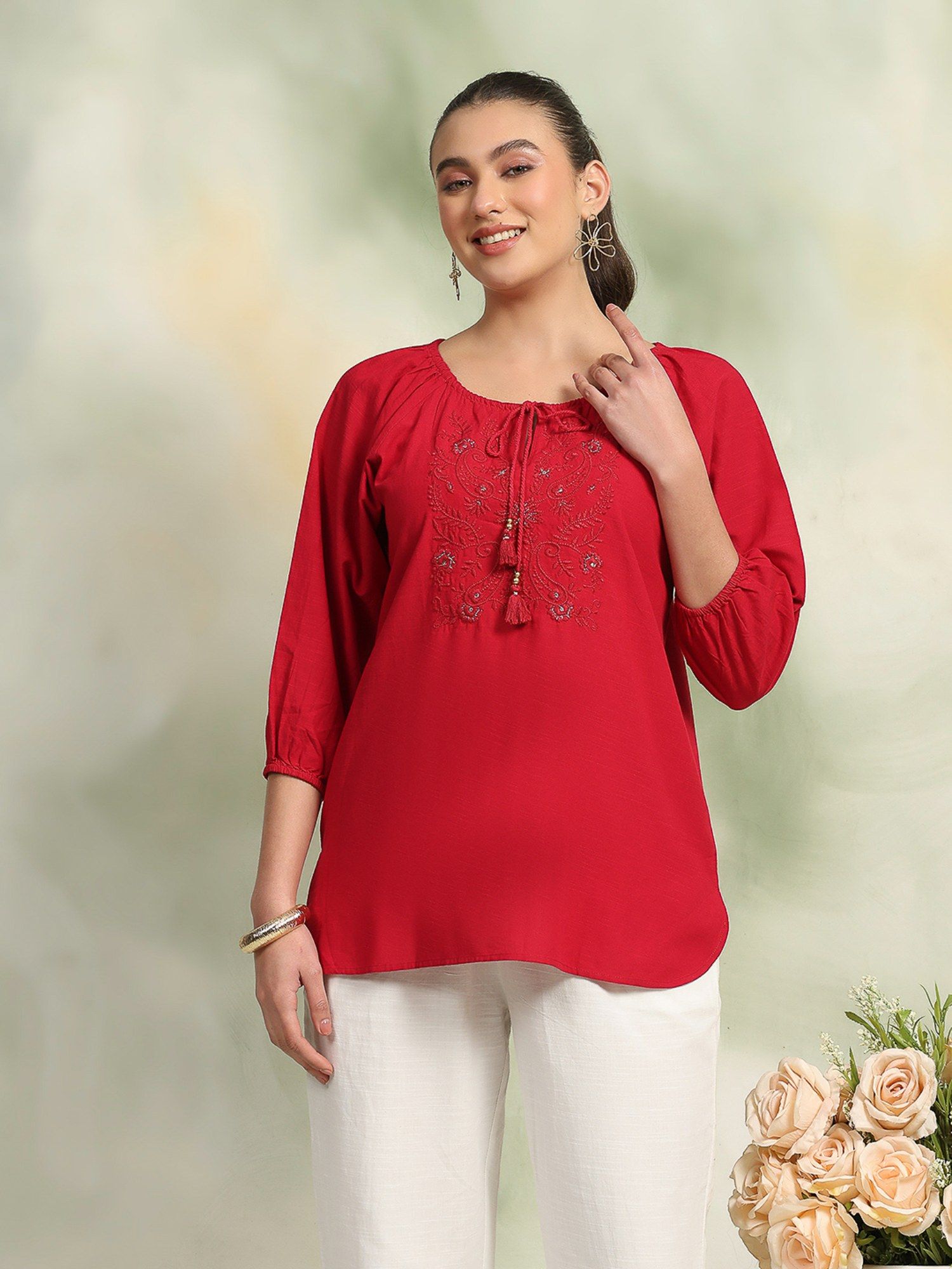 Women Maroon Solid Embroidered Tie Up Neck Top-picture-21