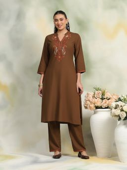 Nayam by lakshita - Brown Linen Embroidered Kurta with Pant