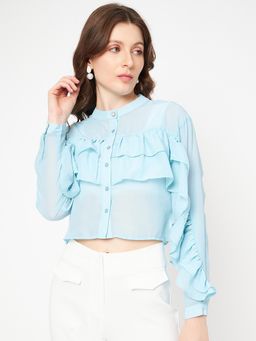 Madame - Ruffle Sky Blue Crop Shirt