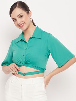 Madame - Green Belt Detailed Collar Crop Shirt