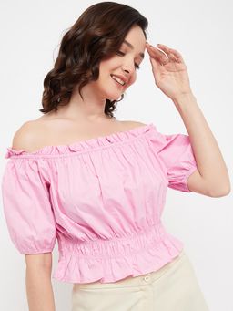 Madame - Pink Ruffled Off Shoulder Peplum Crop Top