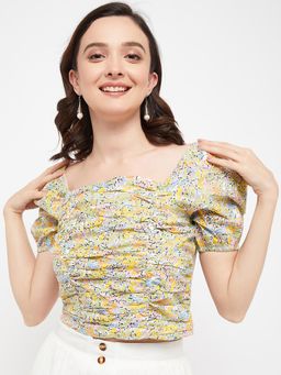Madame - Multi-Color Smocked Puffed Sleeves Crop Top