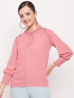 Madame - Tie-Around Neck Blush Pink Smocked Cuffs Top