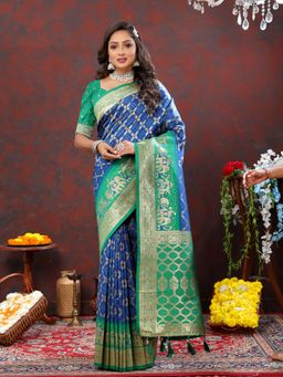Yavira Silk - Women Blue Handloom Saree with Unstitched Blouse