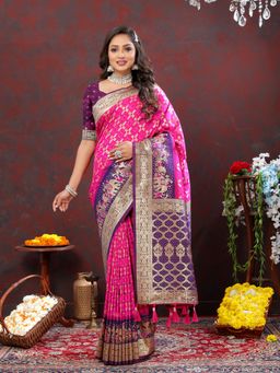Yavira Silk - Women Pink Handloom Saree with Unstitched Blouse