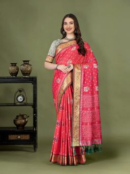 Yavira Silk - Women Red Handloom Saree with Unstitched Blouse