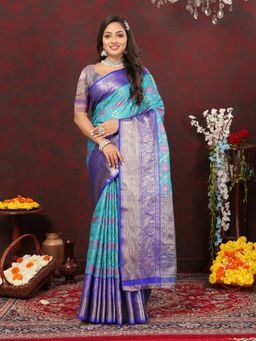 Yavira Silk - Women Blue Handloom Saree with Unstitched Blouse