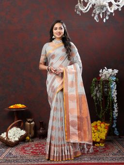 Yavira Silk - Women Grey Handloom Saree with Unstitched Blouse