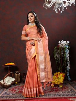 Yavira Silk - Women Peach Handloom Saree with Unstitched Blouse