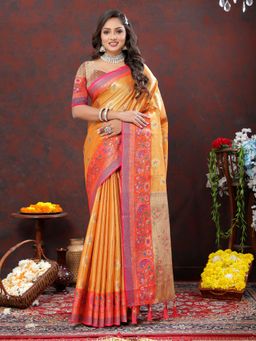 Yavira Silk - Women Orange Handloom Saree with Unstitched Blouse