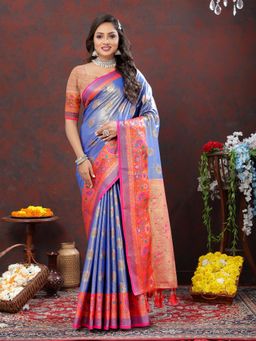 Yavira Silk - Women Blue Handloom Saree with Unstitched Blouse