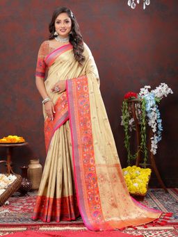 Yavira Silk - Women Cream Handloom Saree with Unstitched Blouse