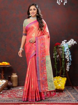 Yavira Silk - Women Pink Handloom Saree with Unstitched Blouse