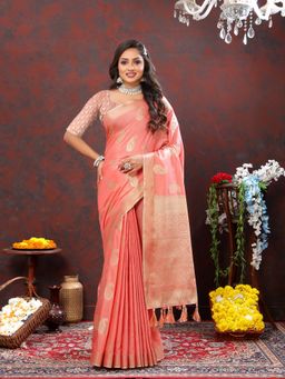 Yavira Silk - Women Peach Handloom Saree with Unstitched Blouse