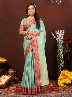 Yavira Silk - Women Blue Handloom Saree with Unstitched Blouse