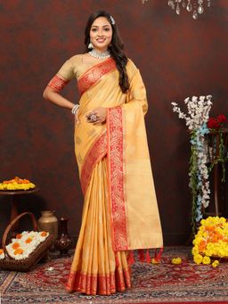 Yavira Silk - Women Yellow Handloom Saree with Unstitched Blouse