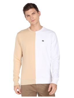 Arrow - Sports Men White and Beige Ribbed Crew Neck Colour Block Sweatshirt