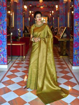 Odette - Olive Woven Design Silk Blend Handloom Saree with Unstitched Blouse for Women