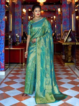 Odette - Blue Woven Design Silk Blend Handloom Saree with Unstitched Blouse for Women