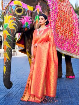 Odette - Orange Woven Design Silk Blend Handloom Saree with Unstitched Blouse for Women