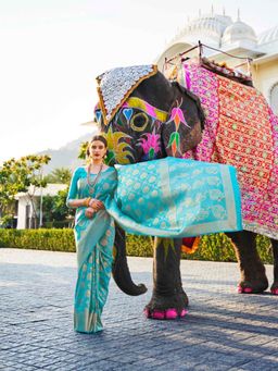 Odette - Blue Woven Design Silk Blend Handloom Saree with Unstitched Blouse for Women