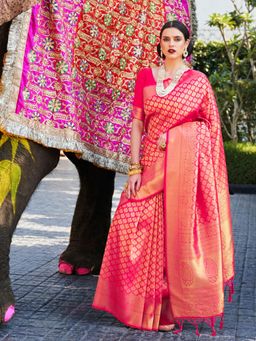 Odette - Pink Woven Design Silk Blend Handloom Saree with Unstitched Blouse for Women