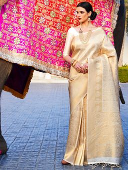 Odette - Cream Woven Design Silk Blend Handloom Saree with Unstitched Blouse for Women