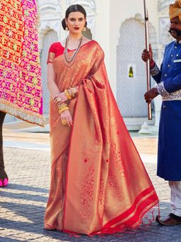 Odette - Red Woven Design Silk Blend Handloom Saree with Unstitched Blouse for Women