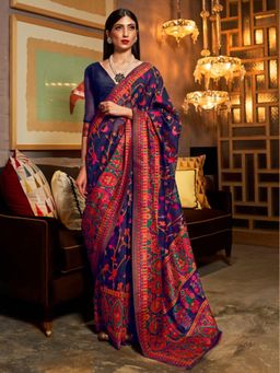 Odette - Navy Blue Floral Printed Silk Blend Printed Saree with Unstitched Blouse for Women