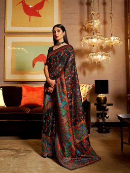 Odette - Black Floral Printed Silk Blend Printed Saree with Unstitched Blouse for Women
