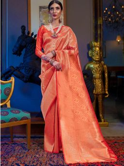 Odette - Orange Woven Design Silk Blend Handloom Saree with Unstitched Blouse for Women