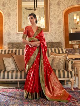 Odette - Red Woven Design Silk Blend Handloom Saree with Unstitched Blouse for Women
